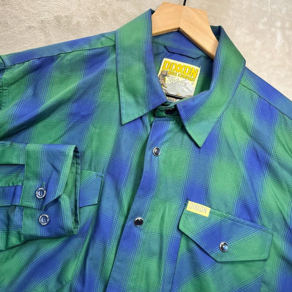 Dixxon Tahoe L Flannel Bamboo Blend Blue Green Plaid Long Sleeve Button Up Top